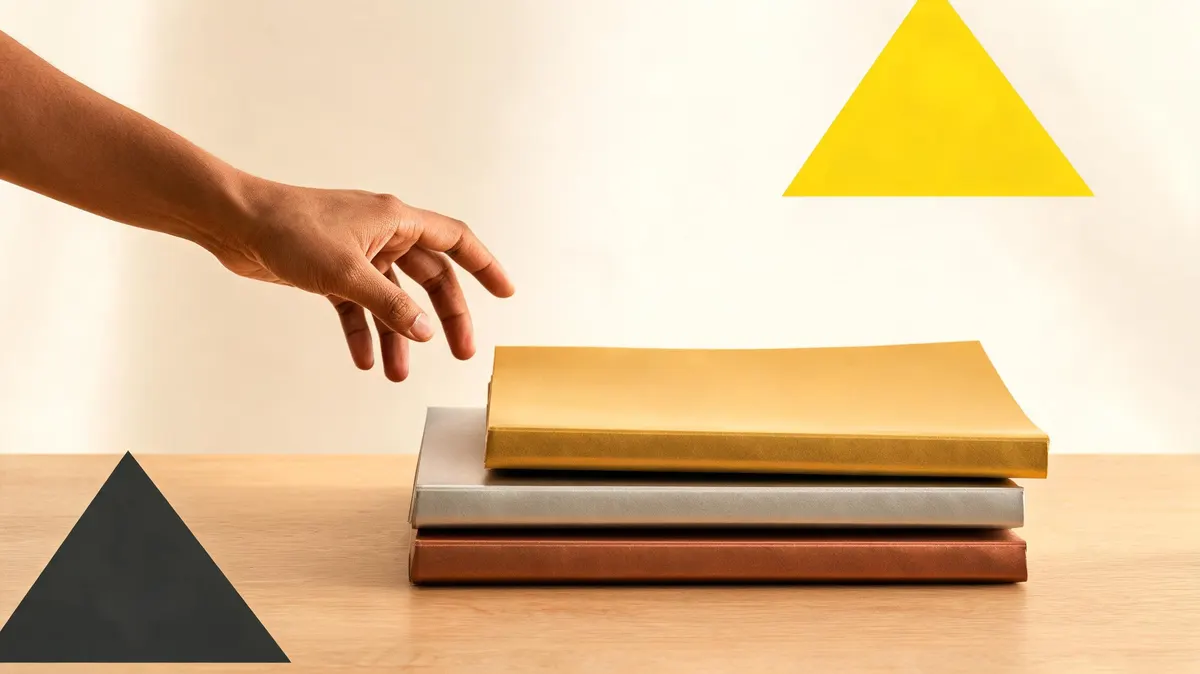 Three distinct sponsorship package folders stacked on a desk in ascending size — bronze, silver, gold color-coded — with yellow triangle accent, editorial warm lighting