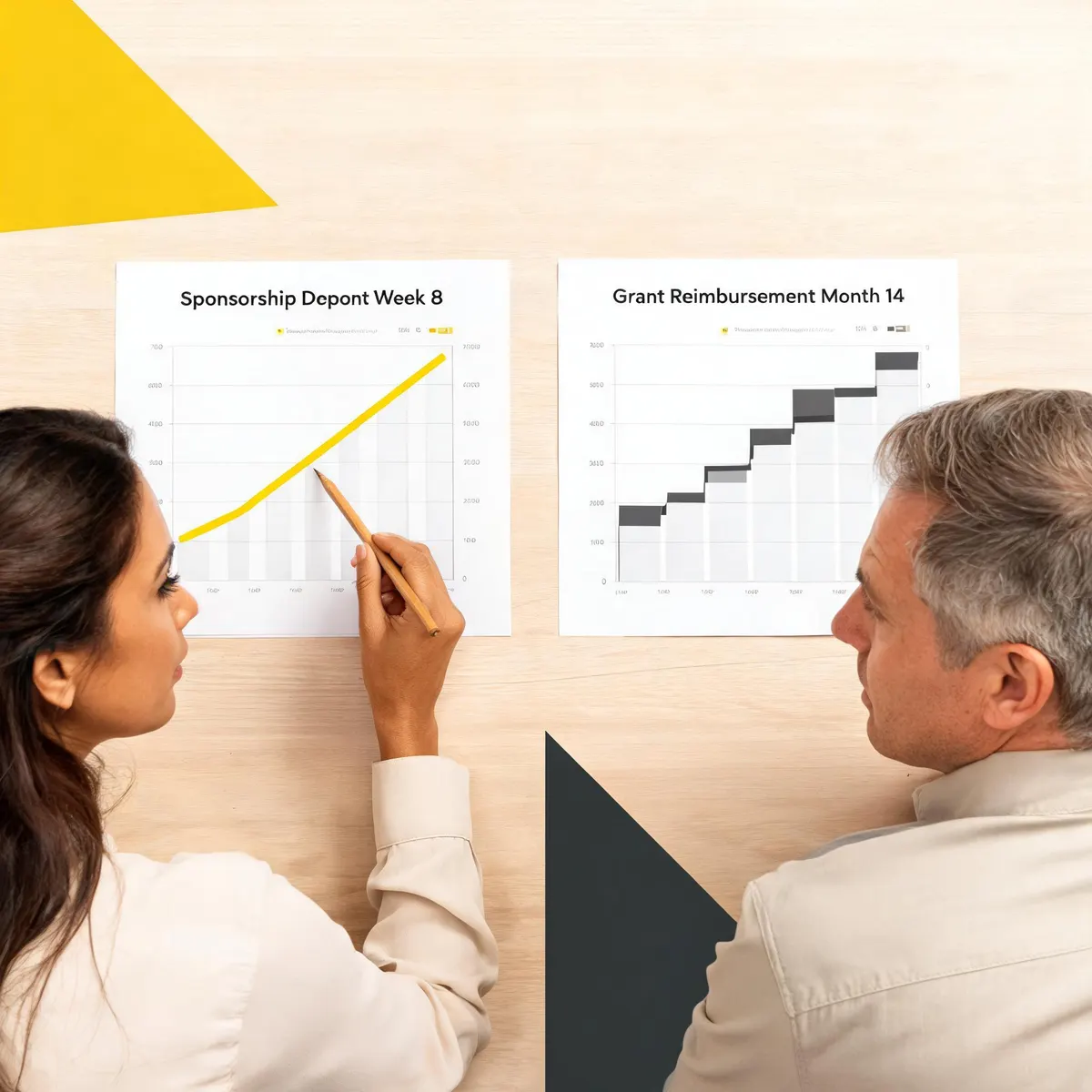 Two cash flow timeline charts pinned to a warm cream wall — one showing fast upward sponsorship deposit curve in yellow, one showing slow stepped grant reimbursement staircase in charcoal — with a multicultural nonprofit finance team reviewing both, large yellow triangle accent visible in background