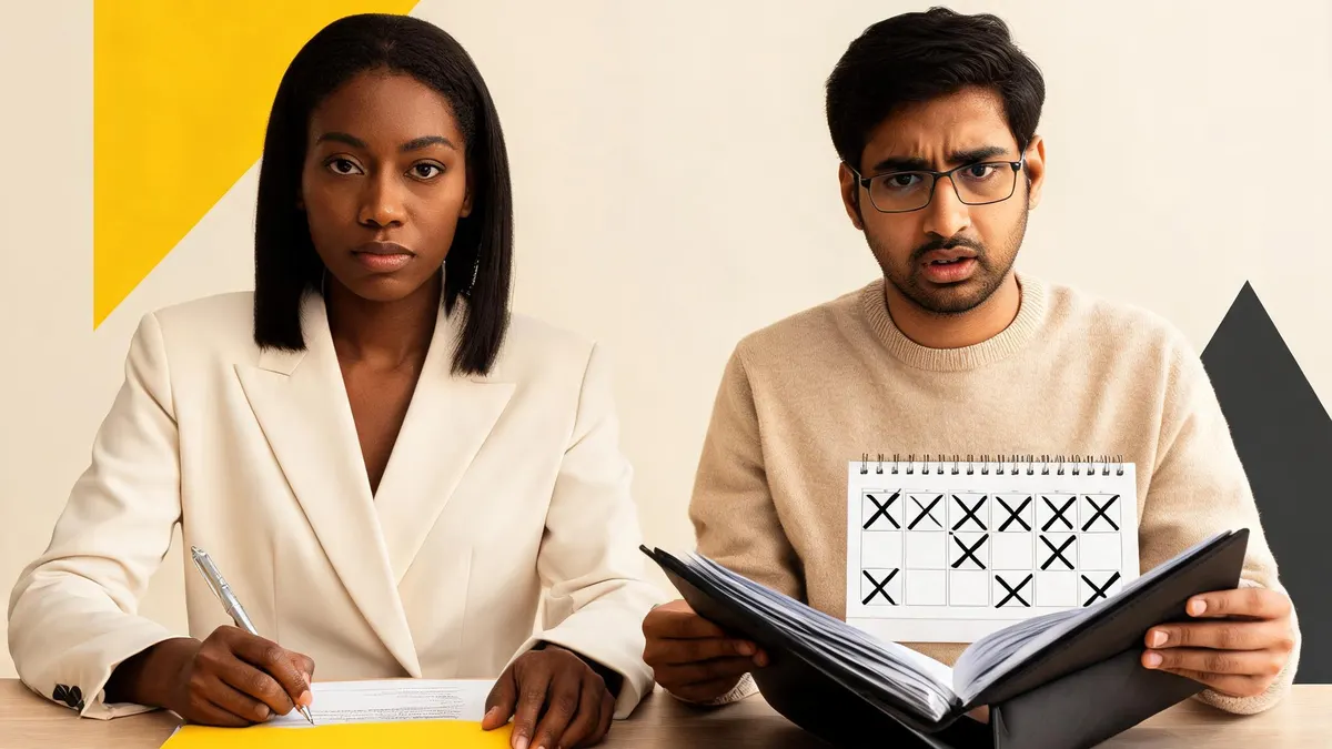 Side-by-side comparison chart on a cream-colored desk showing sponsorship proposal documents in yellow folders versus thick grant application binders, with a large yellow triangle accent and charcoal geometric shapes framing two multicultural professionals reviewing funding timelines