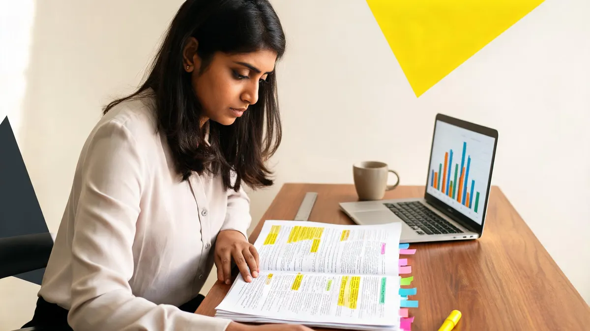 Event organizer reviewing printed sponsorship wrap report at a desk with sticky notes and a laptop showing analytics dashboards, warm cream background with yellow geometric accent