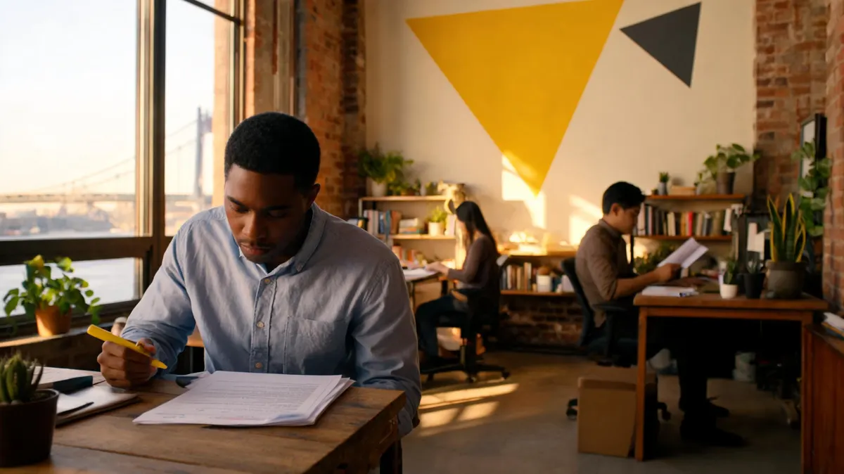 Young nonprofit director at a sunlit St. Paul office desk reviewing a printed sponsorship proposal, yellow triangle wall graphic, river visible through window in background