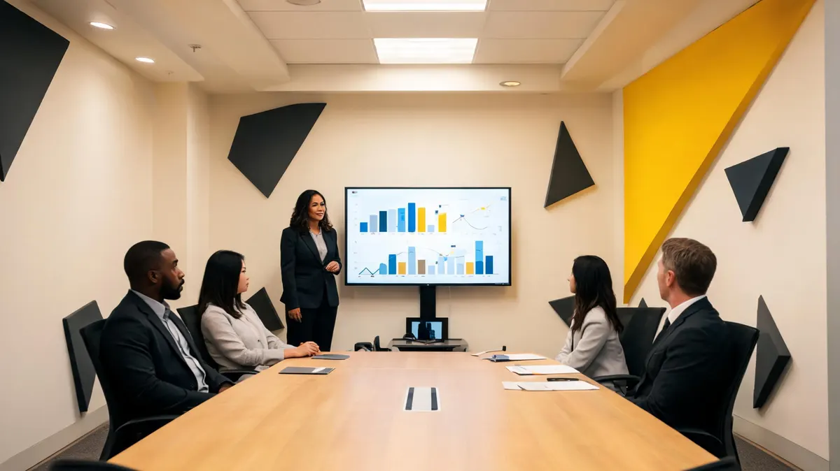 Sponsorship market analyst presenting trend data charts on a large wall-mounted display in a modern meeting room, warm cream walls with bold yellow triangular architectural elements, multicultural team listening