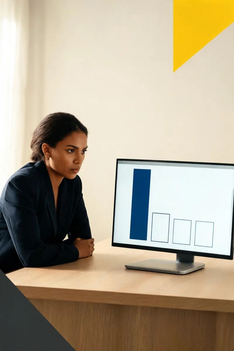 Nonprofit executive looking concerned at a financial dashboard showing a single grant dependency spike on a chart, warm cream backdrop with yellow triangle warning accent in upper corner