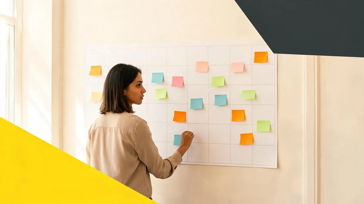 Event organizer reviewing a large wall calendar with color-coded sponsorship deadlines, yellow triangle accent on cream backdrop, Minneapolis skyline visible through office window