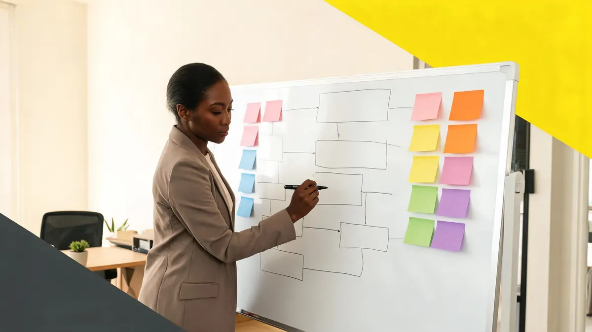 Executive director of a Twin Cities nonprofit standing at a whiteboard mapping out a sponsorship pipeline, Post-it notes arranged in columns on the board