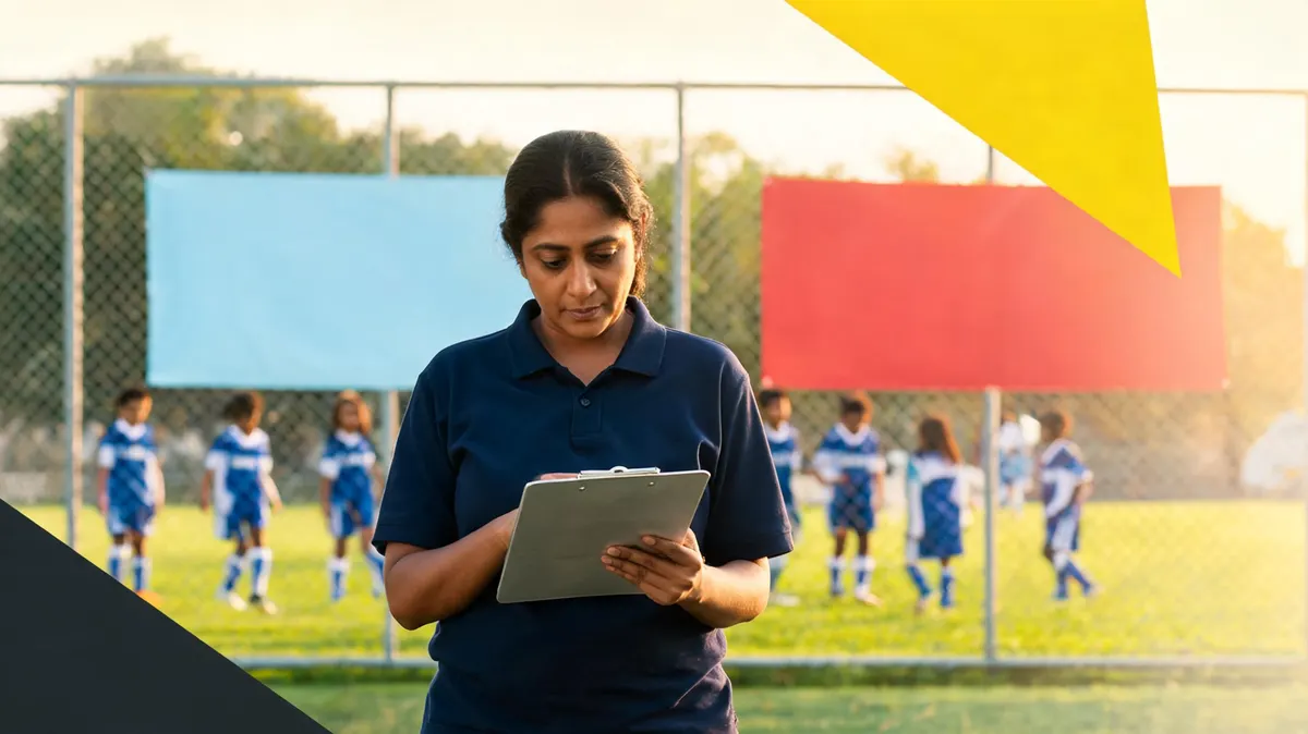 Youth soccer coach reviewing a clipboard on a sideline with branded banners on the fence behind the field, warm afternoon light, multicultural team in background